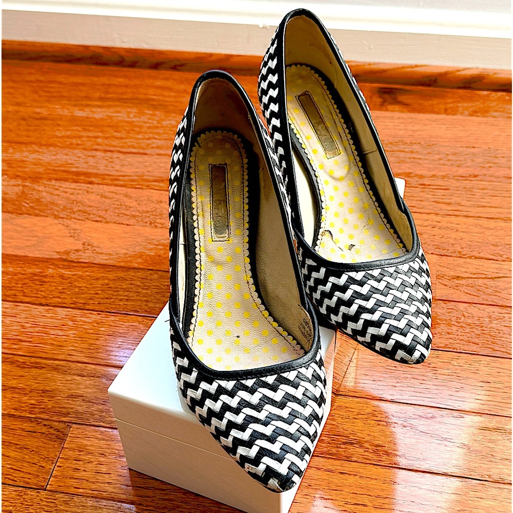Boden Black White Woven Leather Pumps, Size 39(8.5).